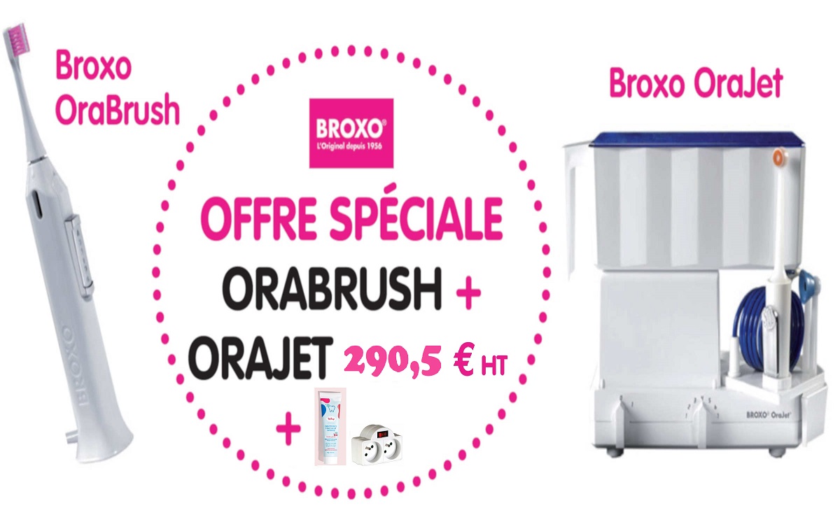 Hydropulseur Broxo OraJets + Brosse à dents OraBrush + 1 dentifrice Trew + 1 doubleur de prise