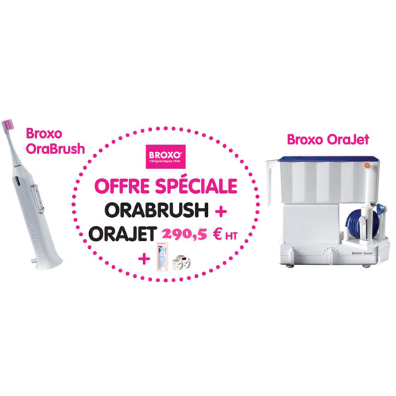 Hydropulseur Broxo OraJets + Brosse à dents OraBrush + dentifrice + doubleur prise